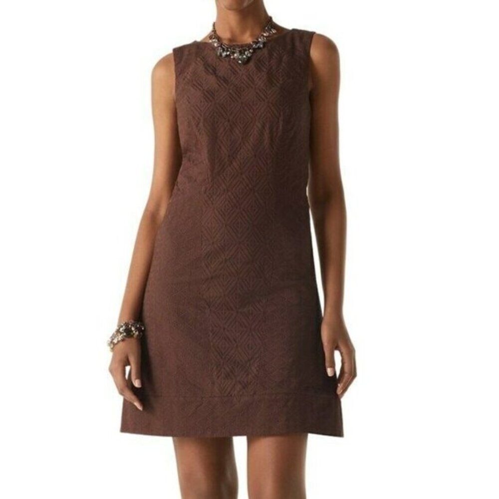 White House Black Market Size 4 Espresso Brown Embroidered Cotton Shift‎ Dress